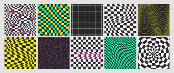 Square psychedelic checkerboard colorful background with warped grid tile, spiral or swirl. Checkered seamless geometric pattern in groovy y2k style. Distorted chessboard covers with distortion effect