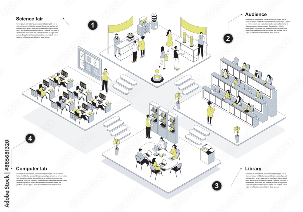 Aufkleber University 3d isometric concept in outline design for web. People learning in isometry audience rooms, students studying in computer lab and library, working at science fair. Vector illustration.