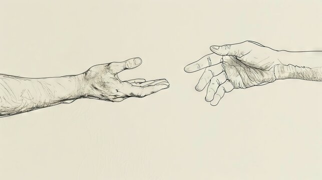 Reaching out hand sketch. Black and white drawing of two outstretched hands, symbolizing connection or offering help.