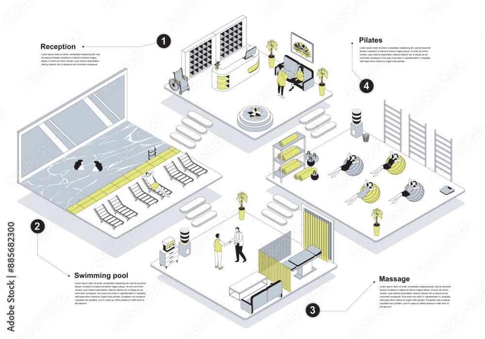 Poster wellness center 3d isometric concept in outline design for web. people in isometry rooms registerati