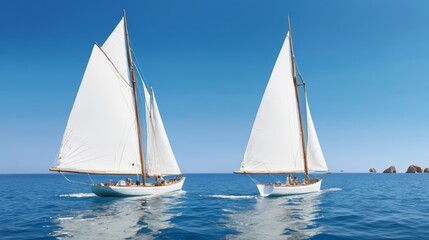 Fototapeta premium Two Sailboats Sailing in the Ocean Near Rocks