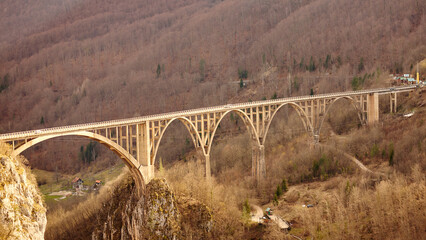 The bridge passes through the mountainous area, view from above