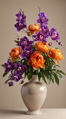 White Vase Filled With Purple and Orange Flowers