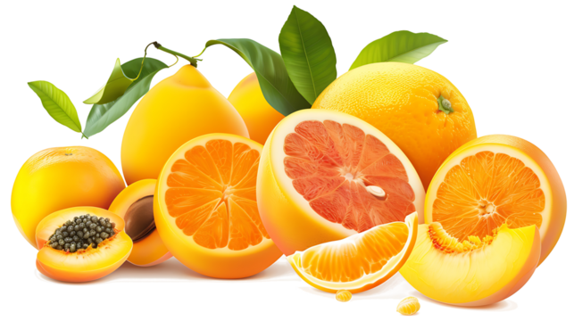 Collection of yellow orange fruits in pile group, oranges, apricot, grapefruit, papaya, peach, mango on withe background cutout, PNG file