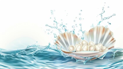 Pearl cosmetics, scallop shell podium, blue water splashes and white pearls on wave ripple. Vector elegant display blending beauty of pearls and sea, captivating showcase for natural cosmetic products