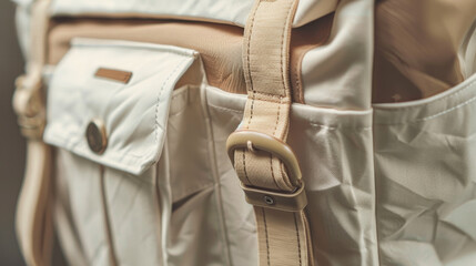 "Closeup of a backpack with beige handles and pockets rotating on a white background."