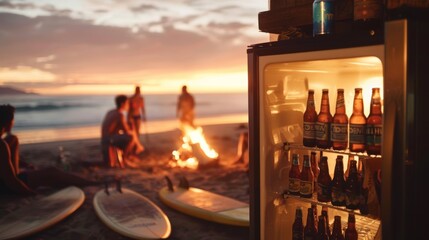 Sunset Beach Party with Friends, Open Refrigerator with Beer, Surfboards, and Bonfire for Summer Fun