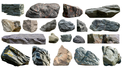 Collection set of long flat big hard rock boulder stone podium stage display on withe background cutout, PNG file