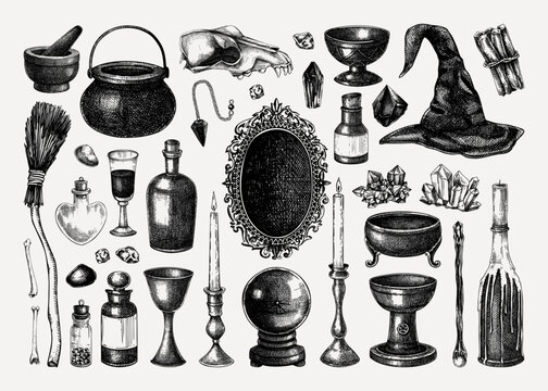 Bohemian-style Witchcraft boutique sketches set&mdash;Halloween hand-drawn vector illustrations. Antique apothecary design elements. NOT AI generated