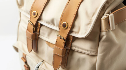 "Closeup of a backpack with beige handles and pockets rotating on a white background."