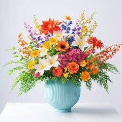 Blue Vase Overflowing With Colorful Flowers