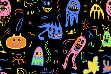  Cute cartoon monsters seamless pattern. Cosmic little aliens smile textile print design. Kids mutant fashion character trendy style vector illustration