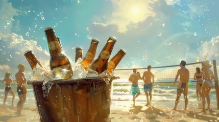 Lively Beach Volleyball Game with Refreshing Beer and Sparkling Ocean Background - Ideal Summer Vacation Scene