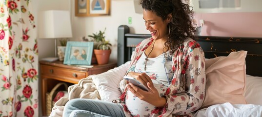Pregnant Woman Reading Health Magazine Article on Managing Diabetes During Pregnancy at Home