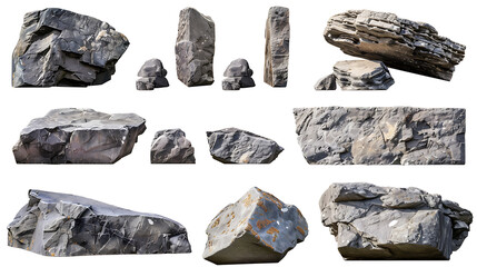 Collection set of long flat big hard rock boulder stone podium stage display on withe background cutout, PNG file