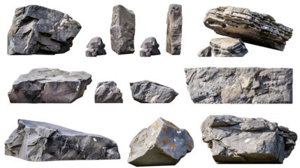 Collection set of long flat big hard rock boulder stone podium stage display on withe background cutout, PNG file