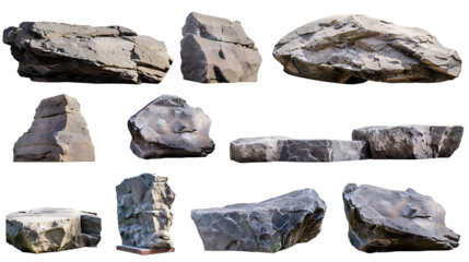 Collection set of long flat big hard rock boulder stone podium stage display on withe background cutout, PNG file