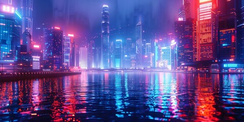 Fototapeta premium 8K premium advertisement showcasing a vibrant nighttime cityscape with colorful lights reflecting on water, perfect for urban and travel promotions