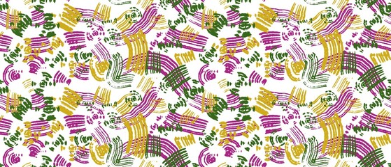 Seamless abstract textured pattern. Simple background with magenta, green, white, yellow colors. Digital brush strokes. Lines. Design for textile fabrics, wrapping paper, background, wallpaper, cover.