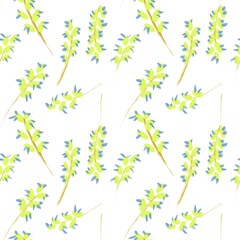 Seamless abstract textured pattern. Yellow, blue, white. Digital brush strokes. Lines, ovals, dots, stripes. Design for textile fabrics, wrapping paper, background, wallpaper, cover.