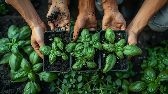Friends sharing gardening tips while planting herbs in a communal garden space with tools and supplies