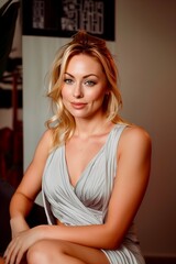 Fototapeta premium A professional portrait of a stunning blonde model, exuding elegance and sensuality, captured in a chic photo shoot, showcasing her captivating beauty and radiant smile.