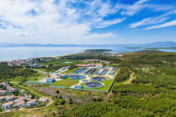 Aerial of water purification circle. Ecosystem of filtration, fresh water and water management....