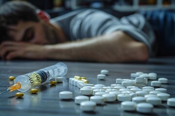 Close-up of a man sleeping on the floor with a syringe and pills scattered around him, portraying the harsh reality of drug addiction.