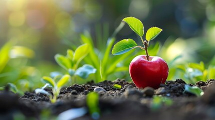 Red apple on the ground in the garden. The concept of agriculture