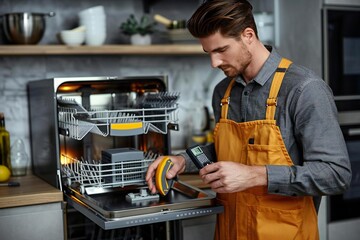 Young male technician using digital multimeter to check dishwasher in a modern kitchen.