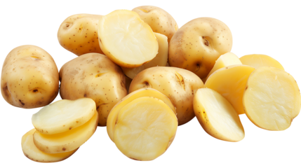 Potato potatoes vegetable, many angles and view side top front cluster group slice cut isolated on withe background cutout, PNG file