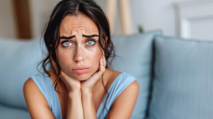 Naklejka premium A young woman sits thoughtfully on a couch, her blue eyes gazing intently as she rests her chin on her hands