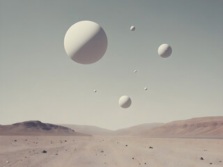 desert planet with several satellites grayscale or black and white image