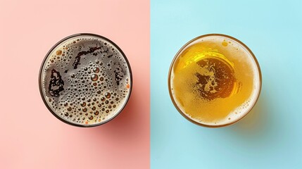 A close-up of a dark and a light beer, each in a glass, resting on a pink and blue surface