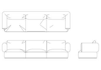 Sofa Line Vector Illustration. Different Views of Modern Sofa, Ideal for Furniture Design and Interior Concepts with Front, Side, and Top Views