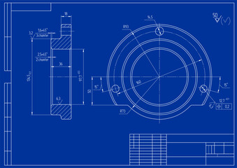 Vector drawing of a steel mechanical part with through holes. Engineering cad scheme. Mechanic background.