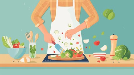 Healthy Cooking at Home Concept: Meal Preparation with Fresh Ingredients in a Warm, Inviting Kitchen