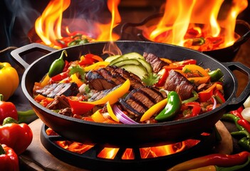 sizzling fajitas cooking cast iron skillet flaming presentation mexican cuisine enthusiasts, spicy, tasty, sizzle, grilling, beef, peppers, onions