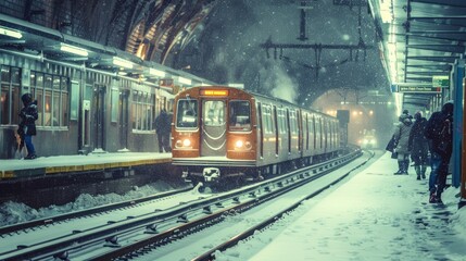 Fototapeta premium Winter Train Commute in Snowy Metro Station - Ideal for Winter Travel Themes and Transportation Posters