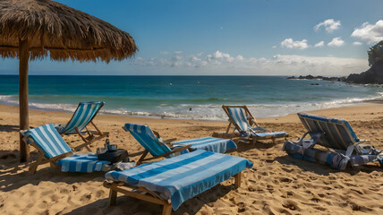 beach chairs and umbrellas, ai generated