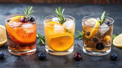 Three glasses filled with ice, citrus slices, and berries, garnished with rosemary sprigs