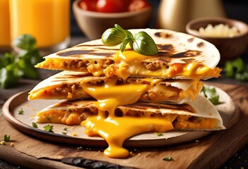 stretching melted cheese oozing out quesadilla, gooey, pull, delicious, tasty, hot, stringy, savory, appetizing, mouthwatering, golden, fresh, crispy