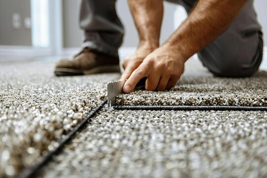 close-up shot of a person using a cutter to install floor carpet in an apartment renovation.