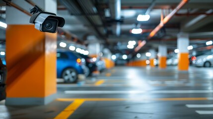 Obraz premium Modern Parking Lot with Advanced Security Features including Surveillance Cameras and Automatic Barriers