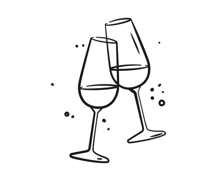 Two glasses of champagne or wine in doodle style. Alcohol and cocktail drink menu. Champagne glasses make cheers. Celebration, party, holiday symbol