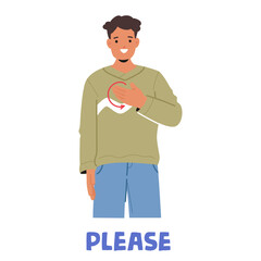 Smiling Man Showing The Word Please In Sign Language. Vector Image For Educational Content, Promoting Communication