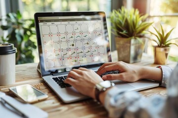 photo of a business person sitting at a desk, looking at a calendar on their laptop screen, organizing and planning their daily agenda.