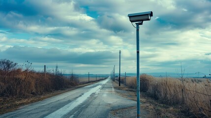 Rural Road with Surveillance Camera for Security and Traffic Control in a Countryside Setting