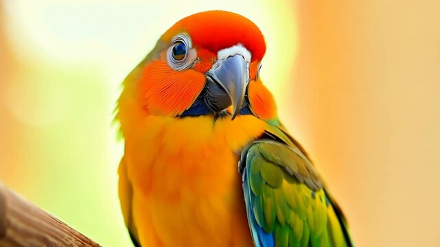 Colorful parrot with bright orange feathers and vivid blue tips perched, looking at the camera with a soft-focus background.