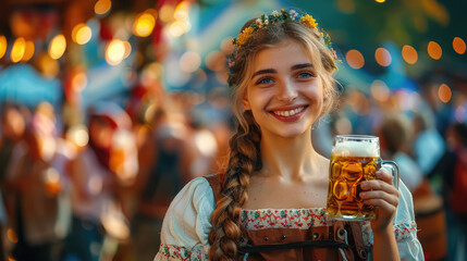 beautiful young woman in traditional German costume holds a mug of beer against the background of the Oktoberfest festival in Germany, Munich, Bavaria, drink, national, autumn, October, fair, alcohol